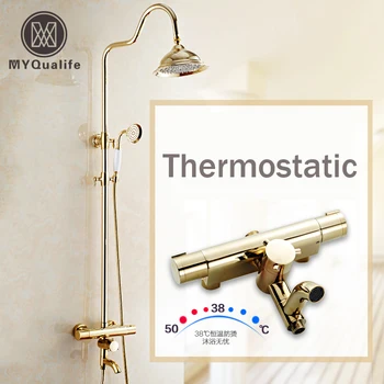 Newly Golden Thermostatic Shower Faucet Set Dual Handle Temperature Control Shower Mixers with Hand Shower + Tub Spout 
Newly Golden Thermostatic Shower Faucet Set Dual Handle Temperature Control Shower Mixers with Hand Shower + Tub Spout