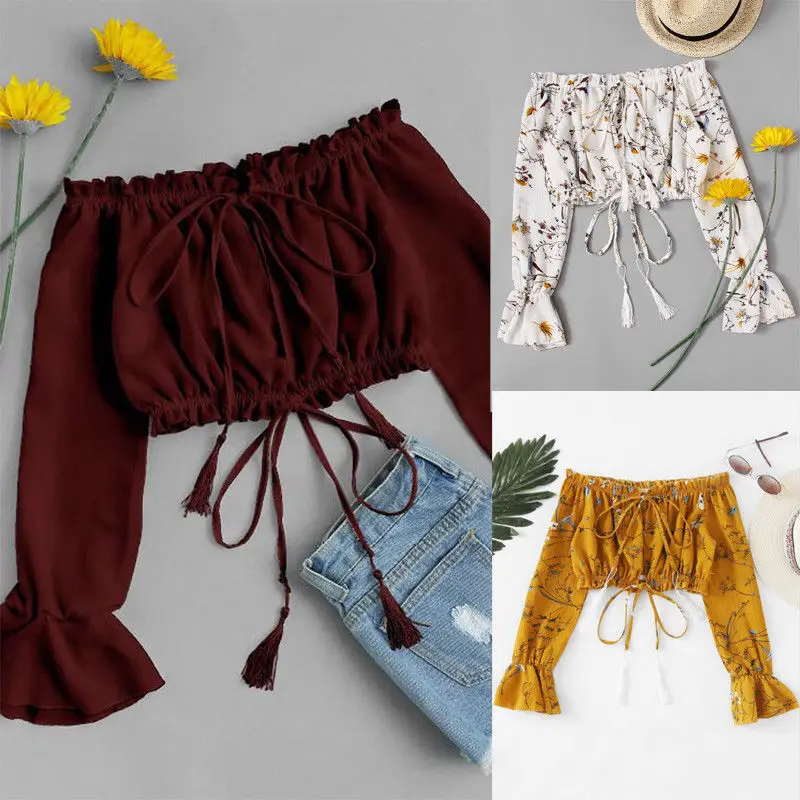 Women Summer Holiday Sexy Off Shoulder Slash Neck Blouse Casual Top Long Sleeve Floral Crop Tops Sweet Bow Beach Style Slimmer
Women Summer Holiday Sexy Off Shoulder Slash Neck Blouse Casual Top Long Sleeve Floral Crop Tops Sweet Bow Beach Style Slimmer