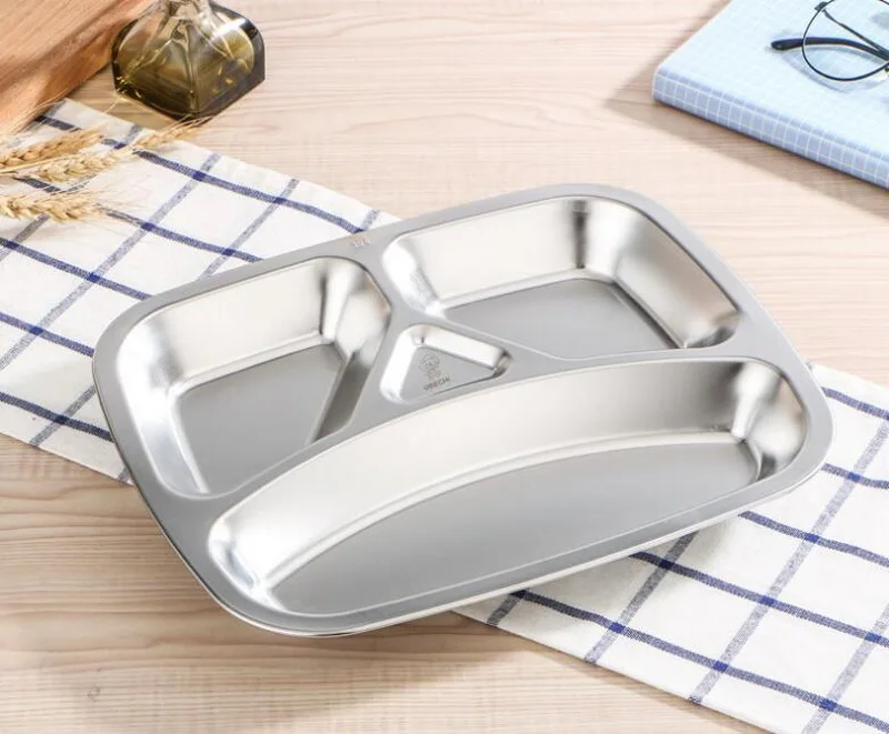 Stainless steel grid snack plate deep thick 2/3 grid students adult canteen tableware metal snack plate Stainless steel grid snack plate deep thick 2/3 grid students adult canteen tableware metal snack plate