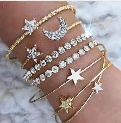 4 pcs / Set Punk Gold Silver Moon Star Heart Bracelets Set for Women Adjustable Charms Rhinstone Bracelet Bangle Boho Jewelry
4 pcs / Set Punk Gold Silver Moon Star Heart Bracelets Set for Women Adjustable Charms Rhinstone Bracelet Bangle Boho Jewelry