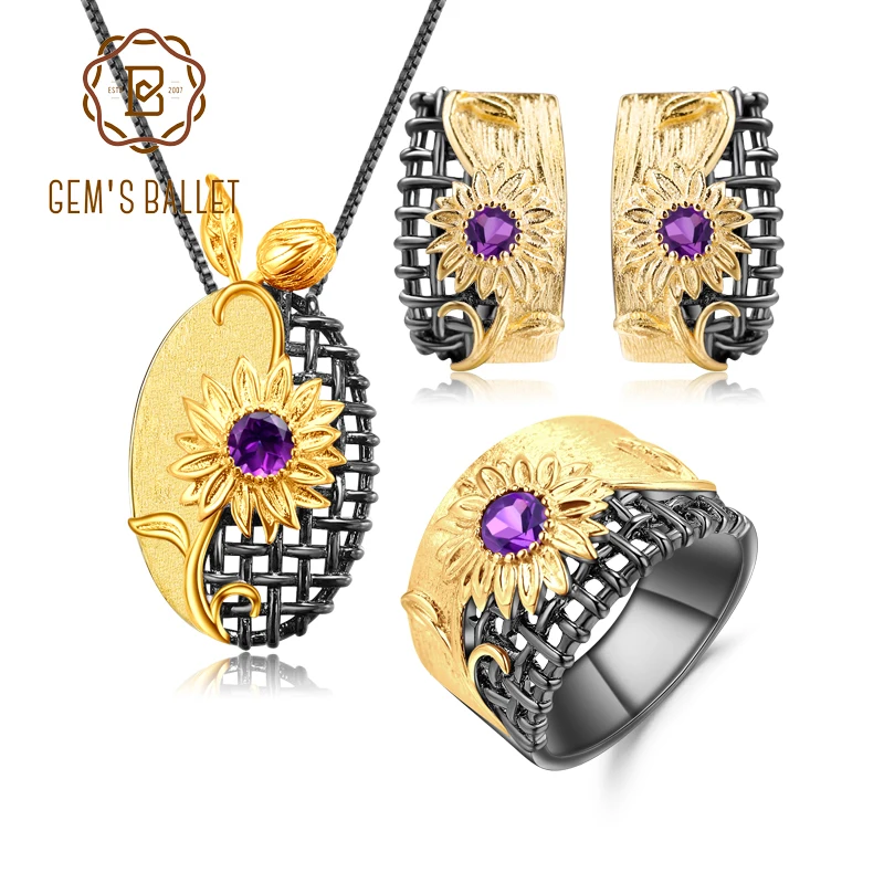 GEM'S BALLET Natural Amethyst Ring Earrings Pendant Sets 925 Sterling Silver Gold Sun Flower Gemstone Jewelry Set For Women
GEM'S BALLET Natural Amethyst Ring Earrings Pendant Sets 925 Sterling Silver Gold Sun Flower Gemstone Jewelry Set For Women