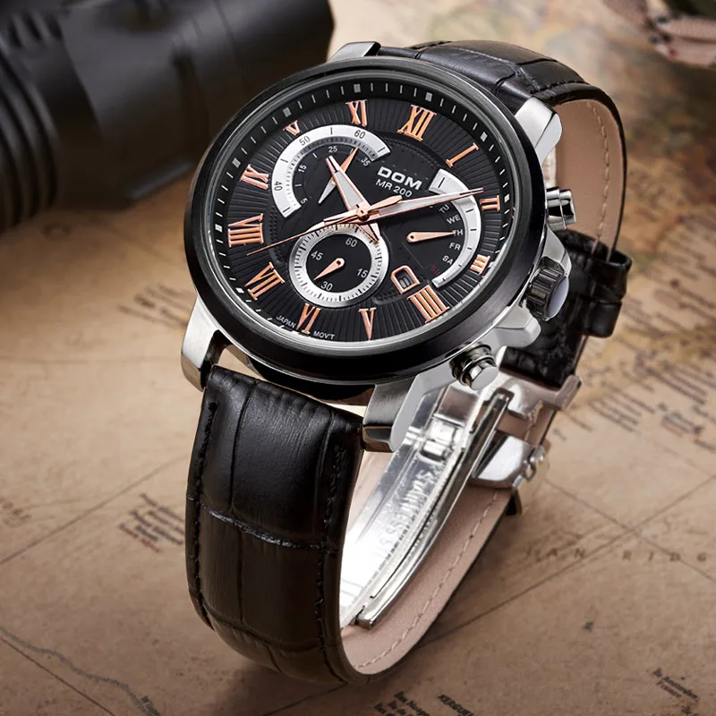DOM Sports Quartz Watch w/ Leather Band & Chronograph for Men