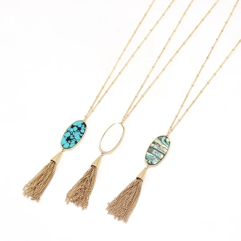 

New Long Tassel Metal Chain Pendant Necklace For Women Statement Oval Abalone Druzy Stone Necklace Party Jewelry Wholesale