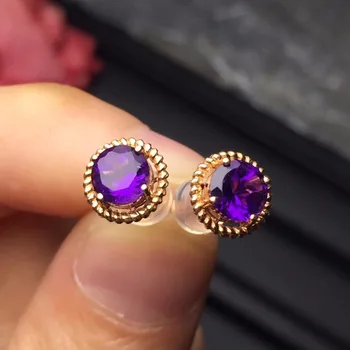 

Fine Jewelry Real 18k Rose Gold Earrings AU750 100% Nature Purple Amethyst Gems Love Female Earrings Fine Gift women earring