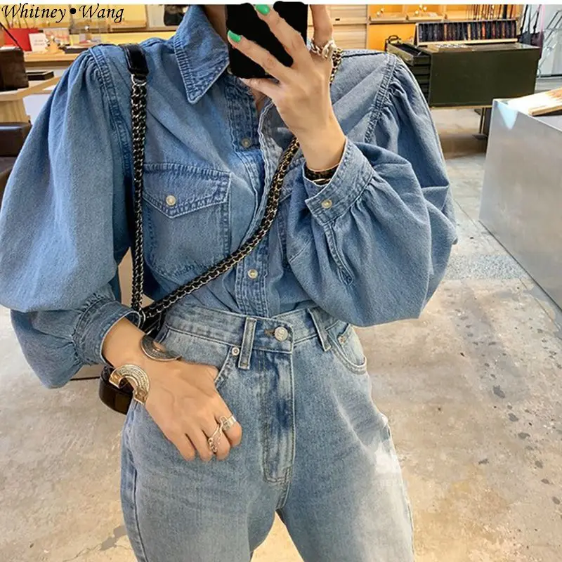 

WHITNEY WANG 2019 Spring Autumn Fashion Streetwear Vintage Style Puff Sleeve Denim Blouse Women Blusas Jean Shirt