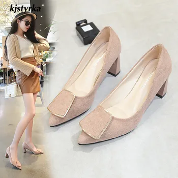 

kjstyrka 2019 classic flock spring autumn pointed toe simple women shallow pumps office lady high corase heels zapatillas mujer