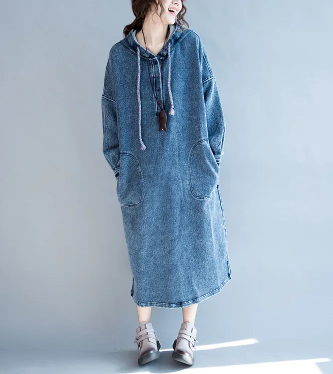 Fashion Women Hooded Dress Spring Autumn Trench Long Loose Sleeve With Hoodie Pockets Female Denim Clothing
Fashion Women Hooded Dress Spring Autumn Trench Long Loose Sleeve With Hoodie Pockets Female Denim Clothing