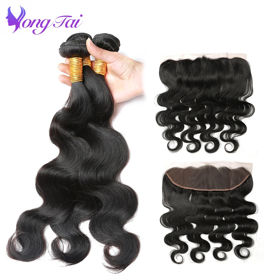 

Yuyongtai Indian Body Wave Bundles with Closure Lace Frontal Closure With Bundles Non-Remy Human Hair 3 bundles with Lace Front