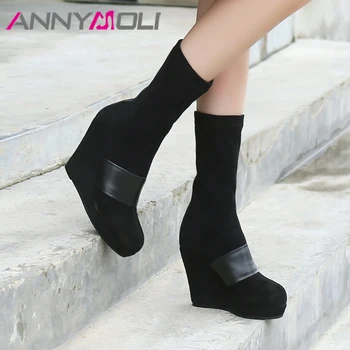 ANNYMOLI Natural Genuine Leather BootsMid Calf Boots Winter Shoes Women High Heel Kid Suede Platform Wedge Boots Footwear Black
ANNYMOLI Natural Genuine Leather BootsMid Calf Boots Winter Shoes Women High Heel Kid Suede Platform Wedge Boots Footwear Black