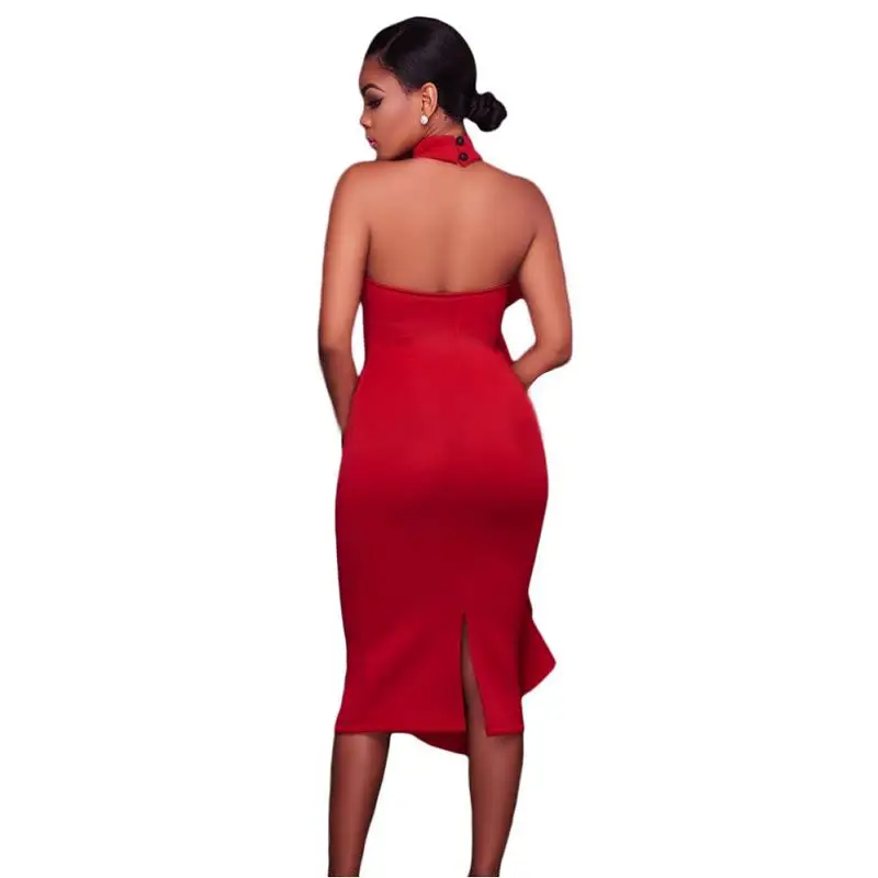 SEBOWEL 2017 Women Big Ruffles Midi Elegant Dress Sexy Open Back Bodycon Party Dress High Neck Vintage Pencil Dress (9)