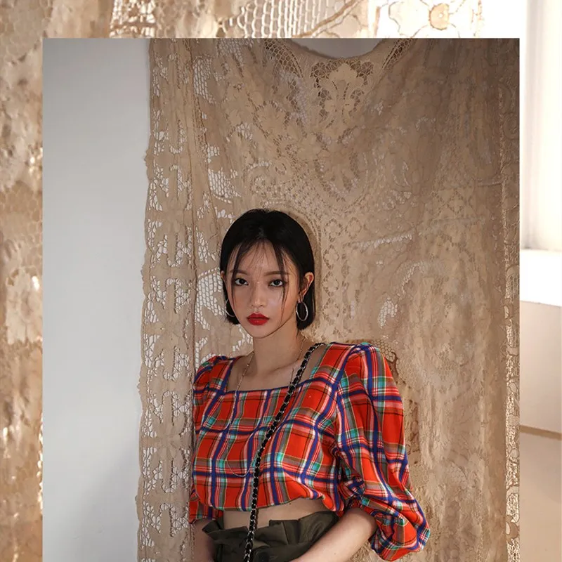 2019 Women Square Collar Plaid Shirt Half Puff Sleeve Vintage Blouse Elastic Waist Crop Top
2019 Women Square Collar Plaid Shirt Half Puff Sleeve Vintage Blouse Elastic Waist Crop Top