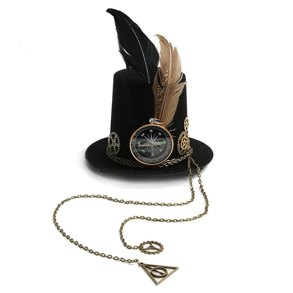 

Women's Steampunk Mini Top Hat Vintage Fedoras Hat Gothic Gear Compass Feather Chain Headwear Lolita Cosplay Little Hat Hairpin