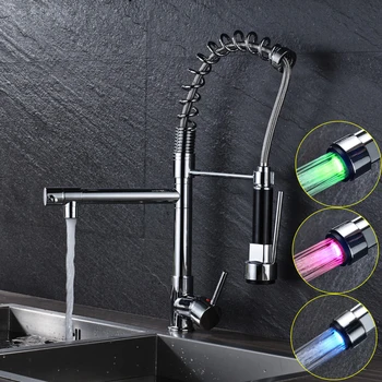 

LED Light Kitchen Faucet Swivel Spout Pull Down Vessel Sink Mixer Tap Deck Mount Hot Cold Water Mixer Crane
