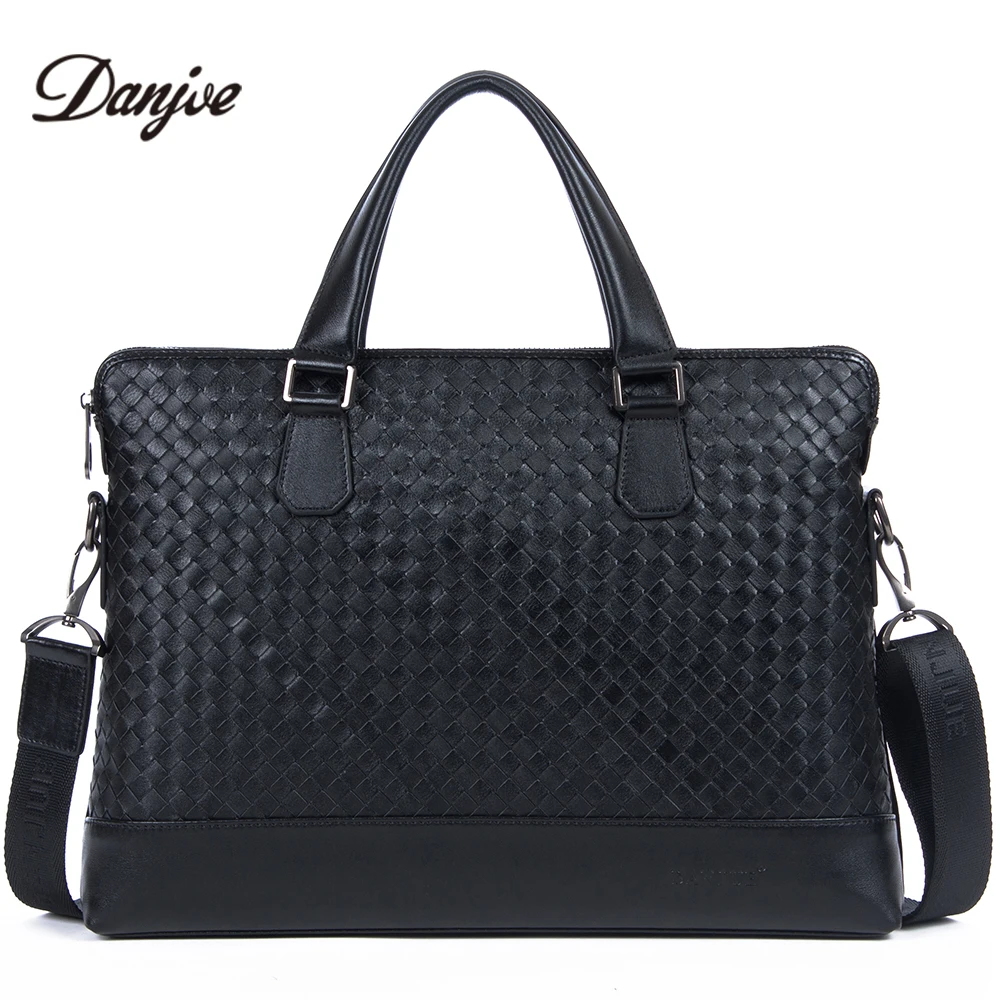 

DANJUE Men Handbags Genuine Leather Male Briefcase Trendy Black Laptop Tote Weave Pattern 14inch Computer Bag Man Soft Leather