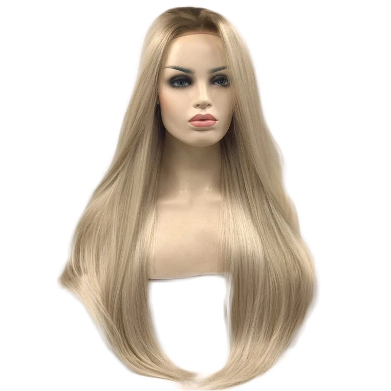

Charisma Synthetic Lace Front Wig Ombre Blonde Wig with brown Roots 26 Inches Heat Resistant Long Straight Hair Wigs for Women