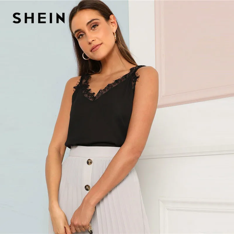 

SHEIN Sexy Black Double V-Neckline Lace Trim Cami Top Women 2019 Summer Casual Going Out Streetwear Minimalist Sleeveless Tops