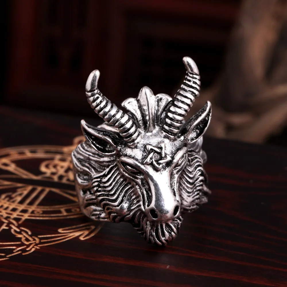 

2017 Men Ring Jewelry Vintage Satan Worship Baphomet Ram Aries Zodiac Sheep Goat Head Horn Biker Ring Wicca Star Baphomet Ring