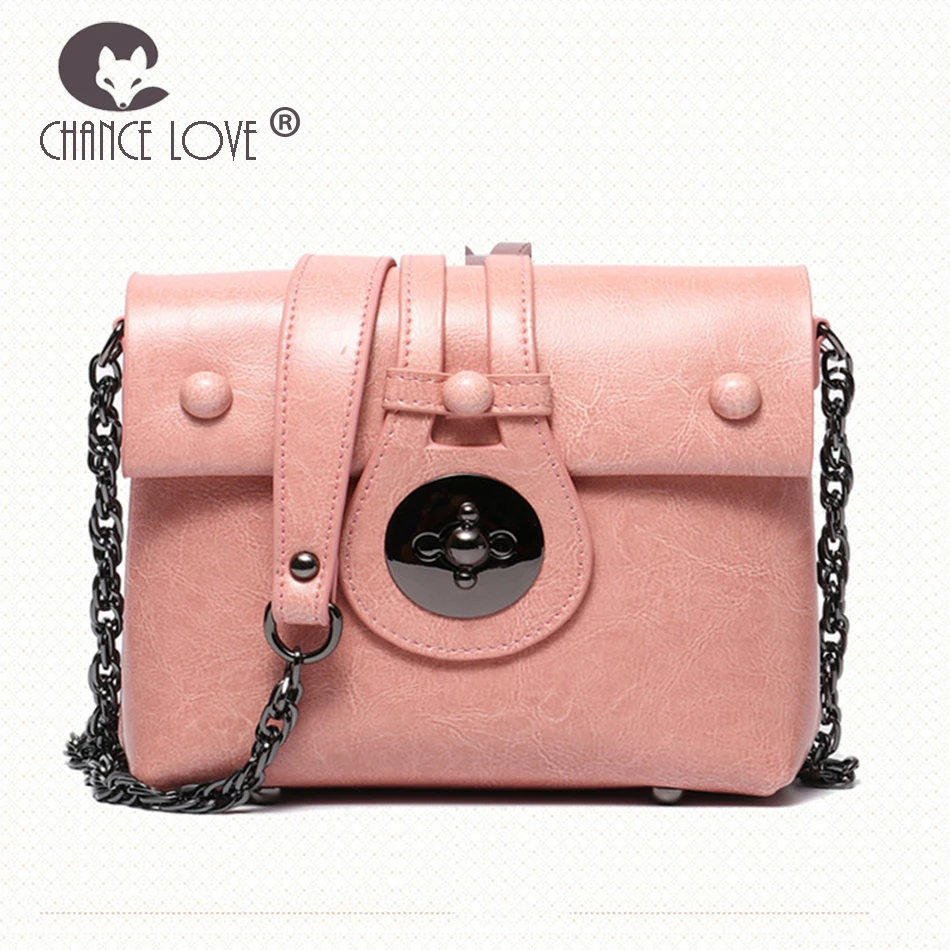 Chance Love 2018 new Genuine leather handbags fashion leather small square bag ladies shoulder bag pink Round buckle Flap bag