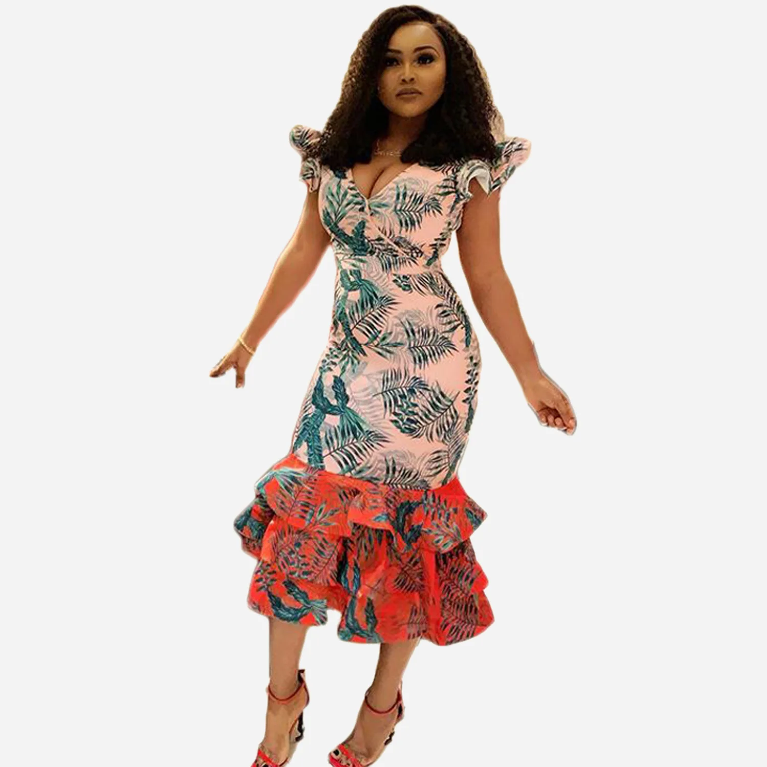 2019 new women flare short sleeve v-neck leaf print cascading ruffles hem mermaid midi dress sexy party dresses vestidos 1244
2019 new women flare short sleeve v-neck leaf print cascading ruffles hem mermaid midi dress sexy party dresses vestidos 1244
