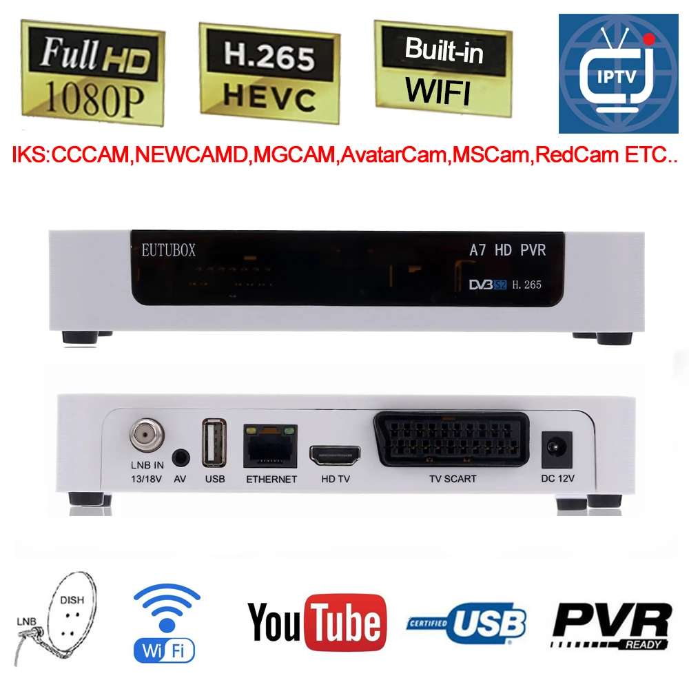 

EUTUBOX A7 DVB S2 Digital Satellite receiver box Built-in WIFI Full HD PVR Support 3G H.265 AVS+ HEVC IPTV Youtube Cccam Newcamd