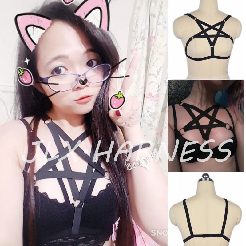 

Pentagram Cage Bra Women Body Harness Crop Top Bodysuit Fetish Wear Bondage Lingerie Open Chest Harness Bra 90's Fetish O212