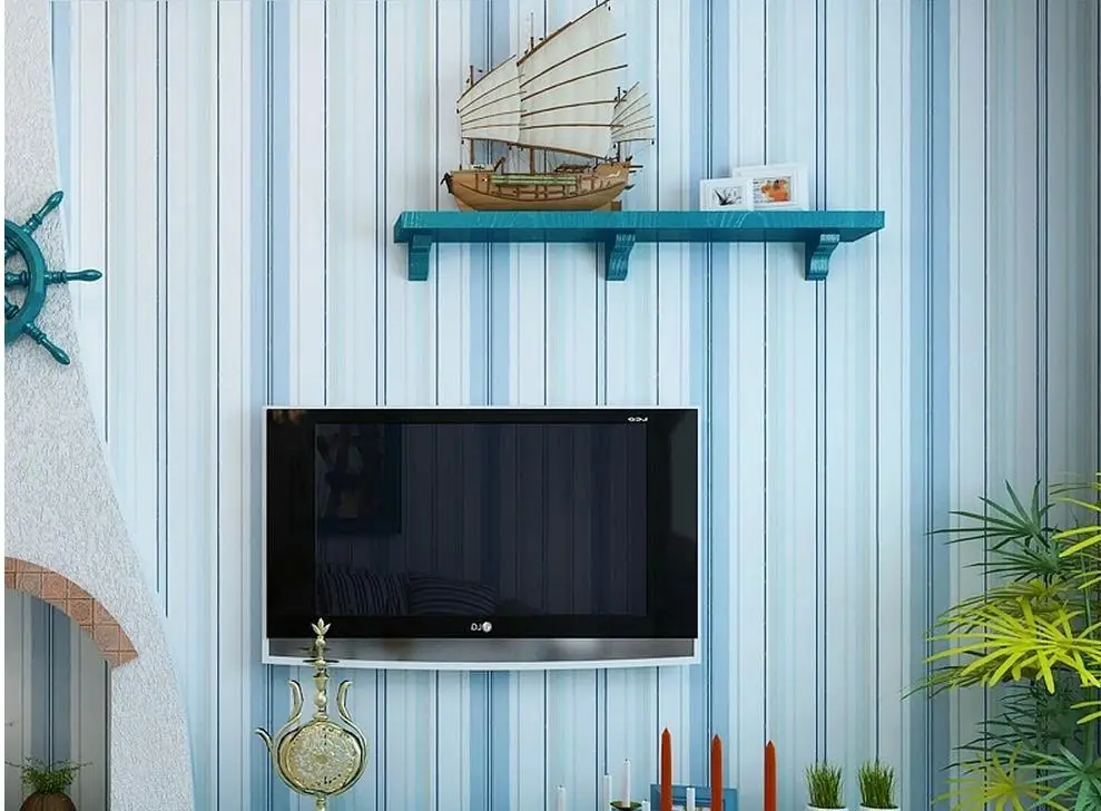 Image Mediterranean blue vertical stripes non woven wallpaper bedroom living room sofa TV wall restaurant wallpaper factory outlets