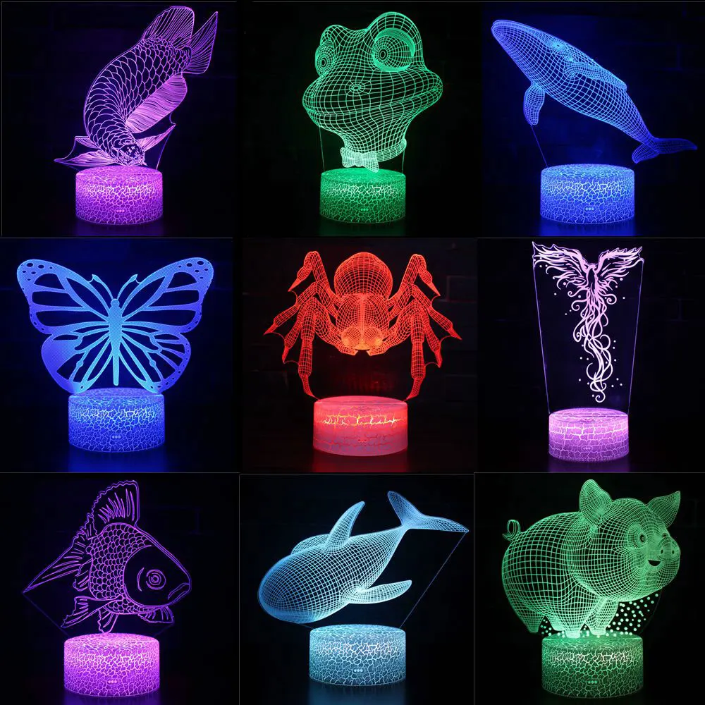 3D LED Night Lights Spider Fish Pig Whale Frog 7 Color Change Hologram Atmosphere Novelty Lamp for Home Decoration Illusion Gift
3D LED Night Lights Spider Fish Pig Whale Frog 7 Color Change Hologram Atmosphere Novelty Lamp for Home Decoration Illusion Gift