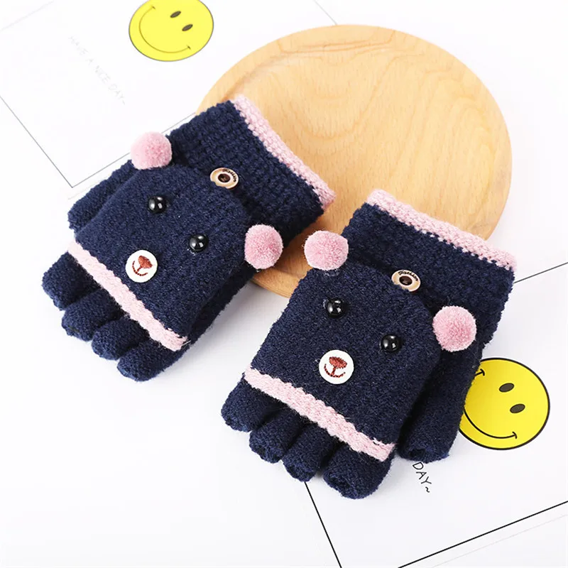 Baby Gloves Kids Mittens Baby Accessories Glove Half Finger Cartoon Bear Patchwork Keep Warm Baby Mittens Knitted Gloves (5)