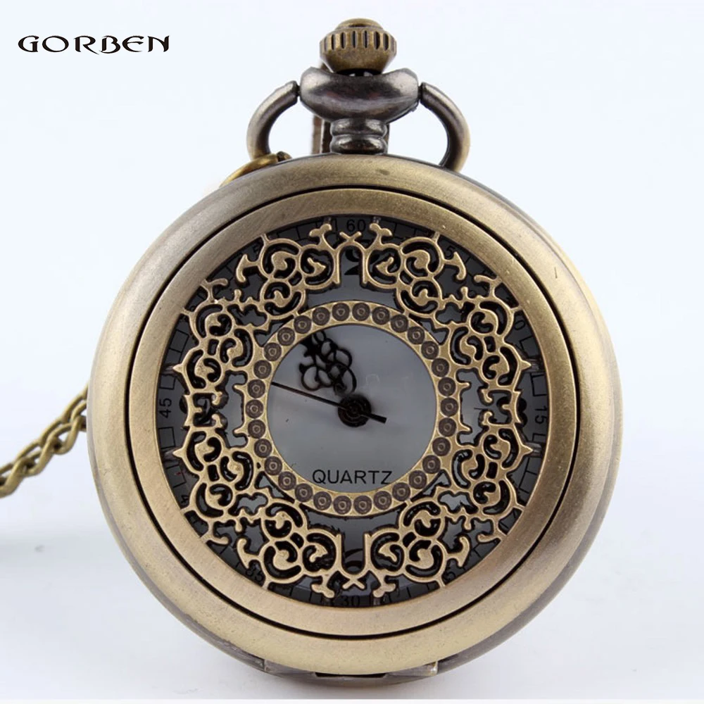 

Vintage Bronze Openwork Flower Quartz Pocket Watch Steampunk Necklace Pendant Chain for Men Women Watch Gift Reloj de bolsillo