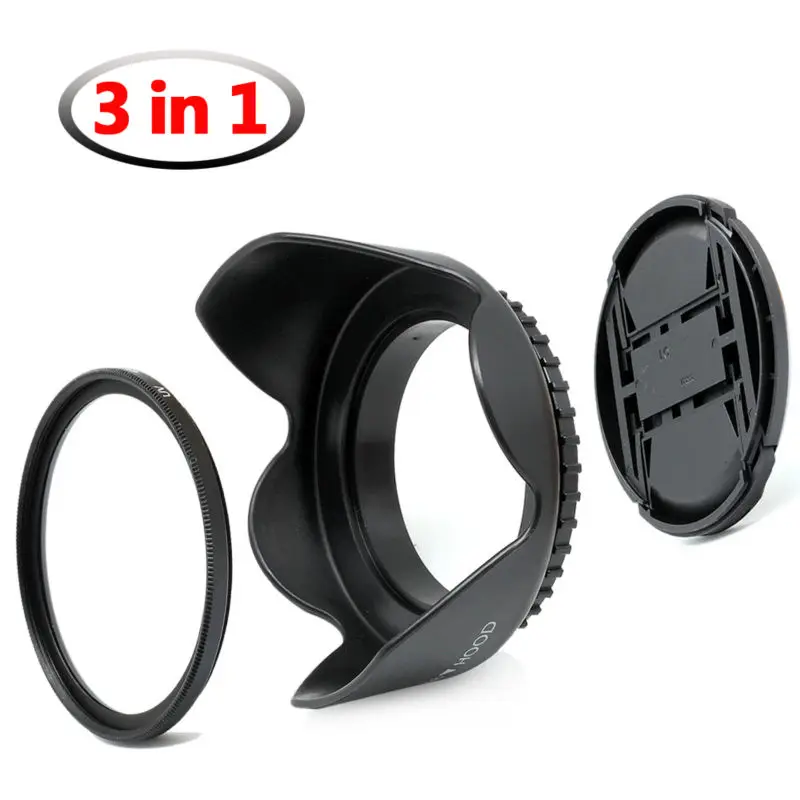 (3-in-1) 72mm Camera Value Pack for SLR Camera Front Lens Cap + Screw-on Lens Hood + 72 mm UV Lens Protective Filter
(3-in-1) 72mm Camera Value Pack for SLR Camera Front Lens Cap + Screw-on Lens Hood + 72 mm UV Lens Protective Filter