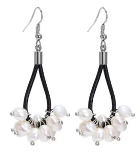 

LJHMY White Natural Freshwater Pearl Hook Black Leather Handmade Statement Tassel Earrings