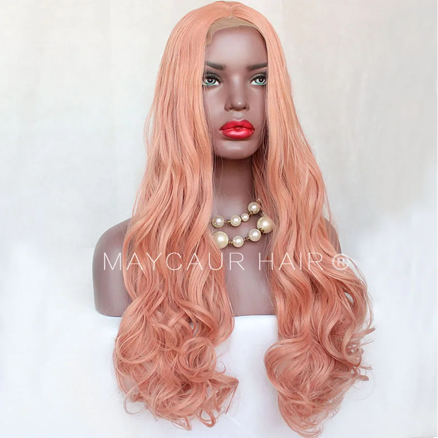 _0007_Maycaur Body Wave Wigs Pink Color 180 Density Long Wave Synthetic Lace Front Wigs For Black Women Natural Hairline