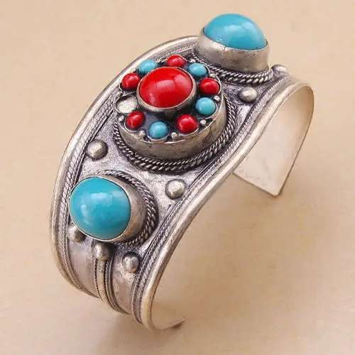 

Excellent Turquoise Coral Stone Cuff Bracelet Bangle Tibet Silver ^^@^18K GP SHIPPING 5.25