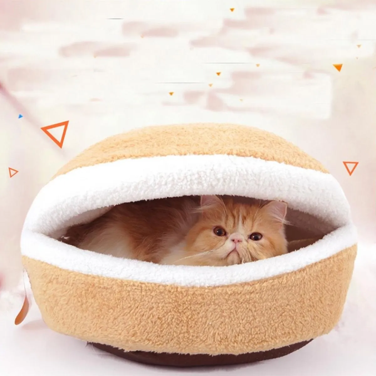 Image Windproof Pet Puppy Warm Nest Cat Bed House Lovely Hamburger Bed Shell Hiding Burger Bun For Winter 3Colors Available 45x32x32CM