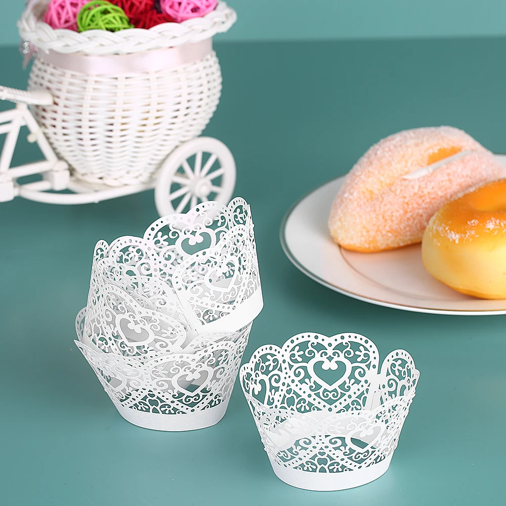 

50pcs Laser Cut Paper Cupcake Wrappers Decor Hollow Lace Cake Cup Liners Trays Wedding Decoration Party Supplies Muffin Wrapper