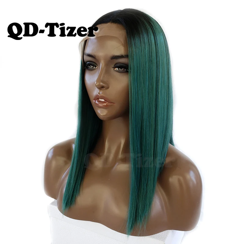 QD-Tizer короткий зеленый синтетический парик на кружеве шелковистые прямые парики