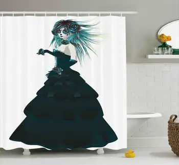 Sugar Skull Girl with Prom Dress Roses in Hand Gothic Halloween Lady Zombie Vampire Bathroom Shower Curtain 
Sugar Skull Girl with Prom Dress Roses in Hand Gothic Halloween Lady Zombie Vampire Bathroom Shower Curtain