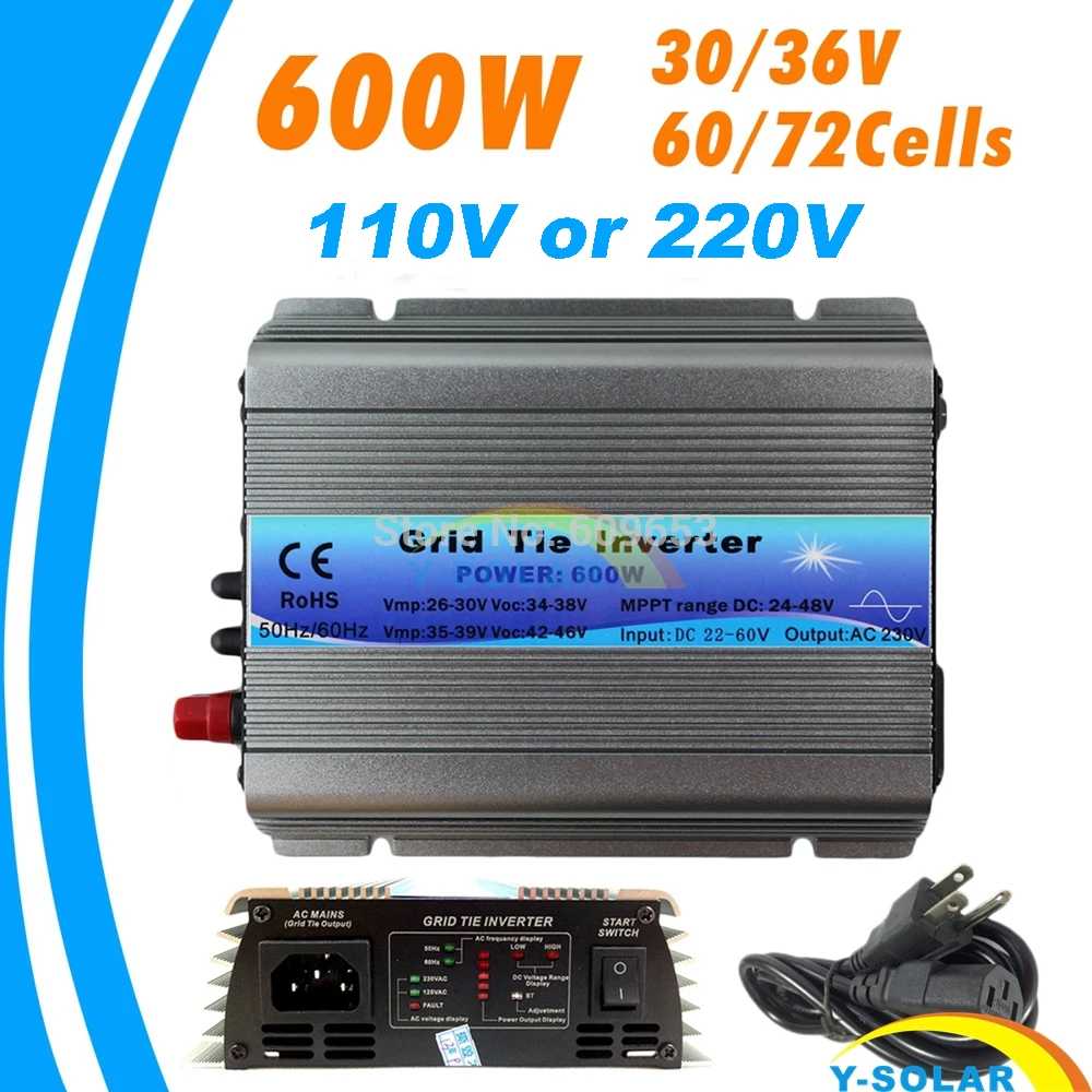 

600W MPPT Micro Grid Tie Inverter 30V 36V Panel 72 Cells Function Pure Sine Wave 110V 220V Output On Grid Tie Inverter 22-60V DC