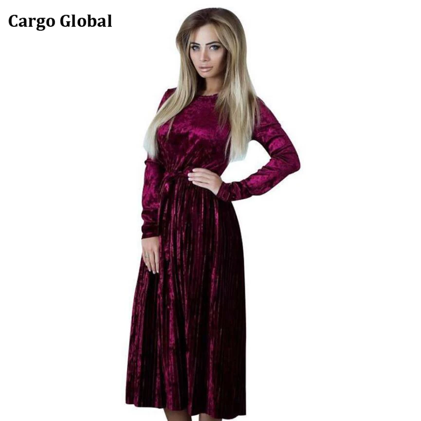Fashion Women Dress Autumn Winter Pleated Velvet Dresses Long Sleeve Warm Elegant Velour Party Dress Female Long Vestidos
Fashion Women Dress Autumn Winter Pleated Velvet Dresses Long Sleeve Warm Elegant Velour Party Dress Female Long Vestidos