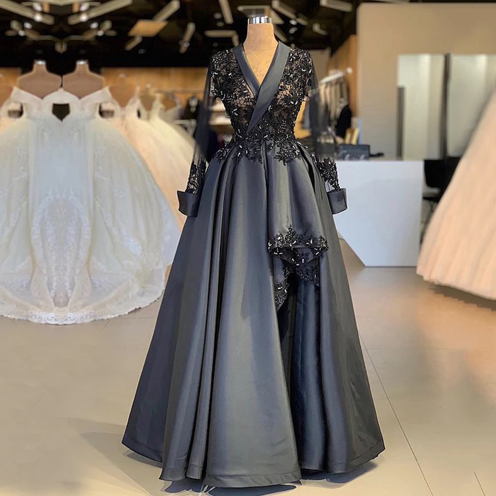 Long Sleeve Arabic Style Women Evening Dresses 2019 A-line Sheer Top Beaded Lace Women Black Formal Evening Gowns robe de soiree
Long Sleeve Arabic Style Women Evening Dresses 2019 A-line Sheer Top Beaded Lace Women Black Formal Evening Gowns robe de soiree