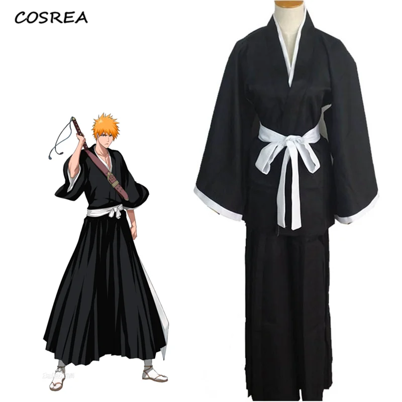 

Anime BLEACH Kurosaki Ichigo Cosplay Costume Shinigami Death Kimono Soul Reaper Full Set Halloween Tops Pants Sash Kuchiki Rukia