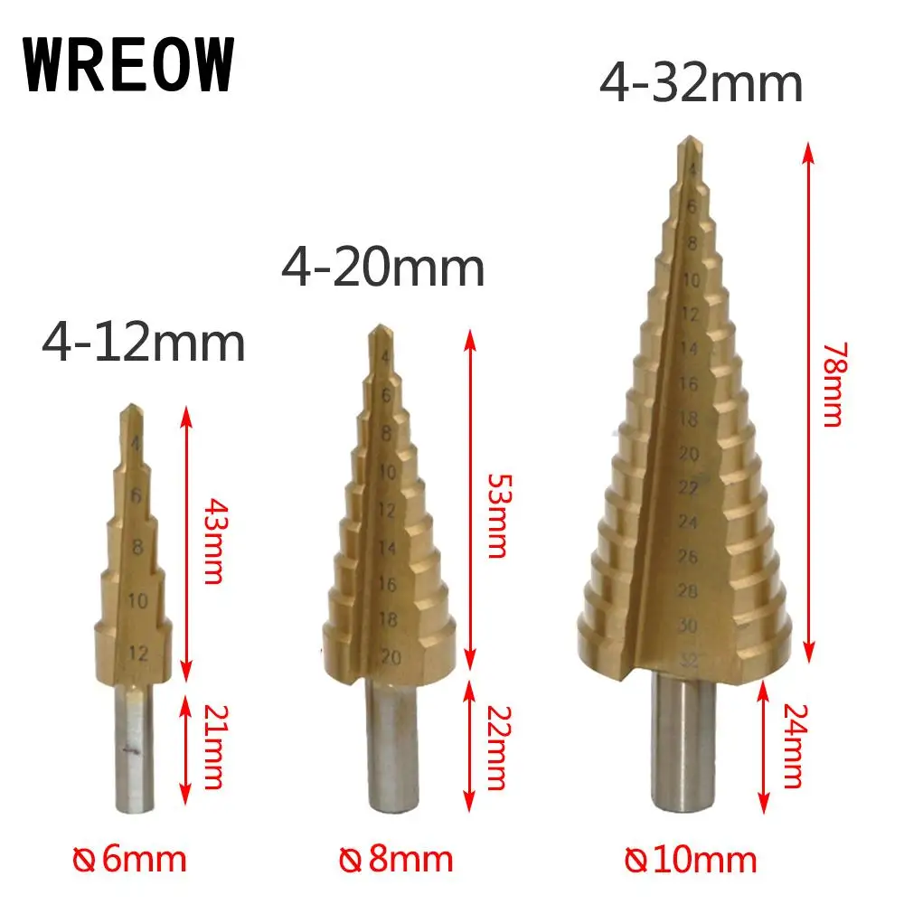 4-12-20-32mm Titanium Step Drill Bit HSS Step Cone Hole Cutter Tools Metal Drilling Bit Set for Woodworking carpentry wood
4-12-20-32mm Titanium Step Drill Bit HSS Step Cone Hole Cutter Tools Metal Drilling Bit Set for Woodworking carpentry wood