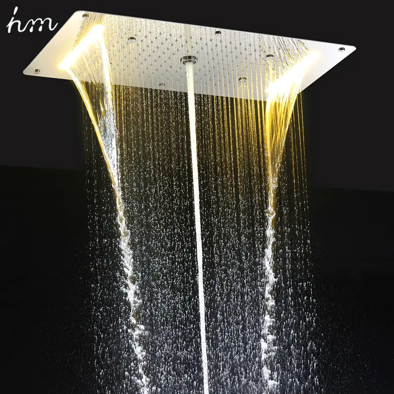 

hm 9 Function Led Shower Head, Light Rain Shower 700x380mm Large Waterfall Multi Function Ceiling Mount Overhead, Shower Heads