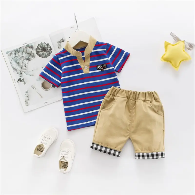 Летняя одежда для маленьких мальчиков джентльменская Одежда младенцев в полоску