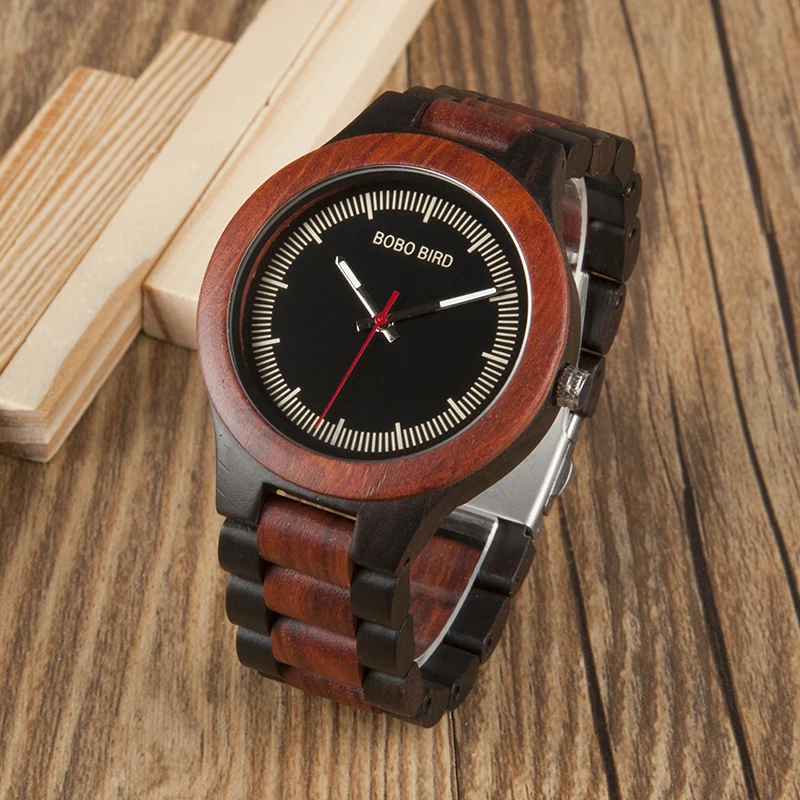 BOBO BIRD WO01O02 Wood Watch Ebony RedWood Pine Wooden Watches for Men Two-tone Wood Quartz Watch with Tool for Adjusting Size 12