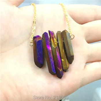 SN-068 Raw Purple Flame Rainbow Aura Quartz Spike Necklace, Rough Druzy Point Arrow Boho Crystals with Gold or Silver Chain
SN-068 Raw Purple Flame Rainbow Aura Quartz Spike Necklace, Rough Druzy Point Arrow Boho Crystals with Gold or Silver Chain