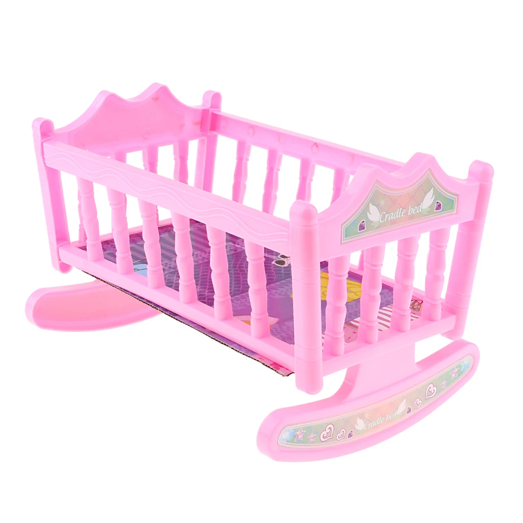 Sweet plastic rocking bed baby doll cradle model for 20cm dolls house or nursery bedroom furniture Pink