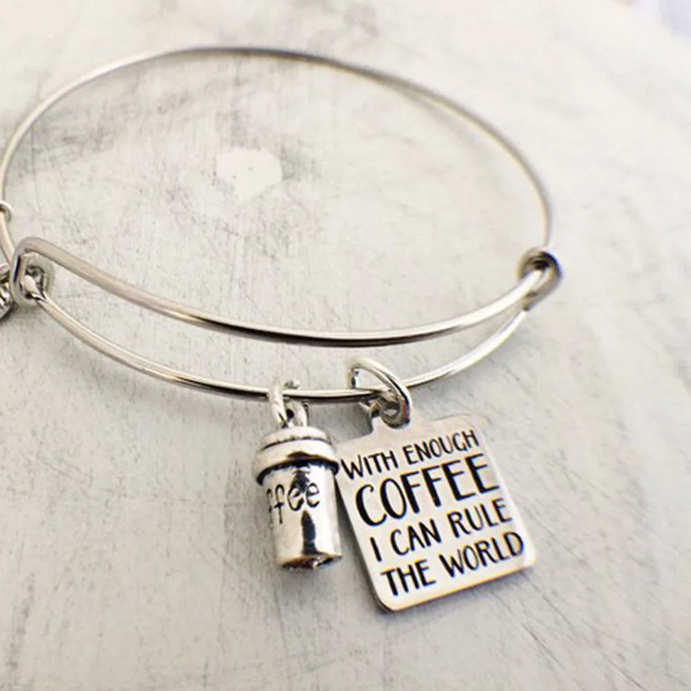 Yamily with enough coffee I can rule the world Engraved Charm pendant coffee cup bracelet stainless steel Bangle adjustable
Yamily with enough coffee I can rule the world Engraved Charm pendant coffee cup bracelet stainless steel Bangle adjustable