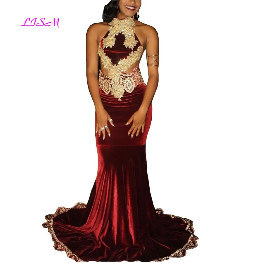 2019 Burgundy Mermaid Velvet Prom Dresses with Gold Lace Appliqued Beadings Sexy Backless Formal Evening Gowns New Fashion Wears
2019 Burgundy Mermaid Velvet Prom Dresses with Gold Lace Appliqued Beadings Sexy Backless Formal Evening Gowns New Fashion Wears