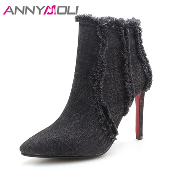 Annymoli Women Boots Shoes Thin High Heel Boots Pointed Toe Short Tassel Ankle Boots Denim Brand Designer Boots Blue Size 42 43
Annymoli Women Boots Shoes Thin High Heel Boots Pointed Toe Short Tassel Ankle Boots Denim Brand Designer Boots Blue Size 42 43
